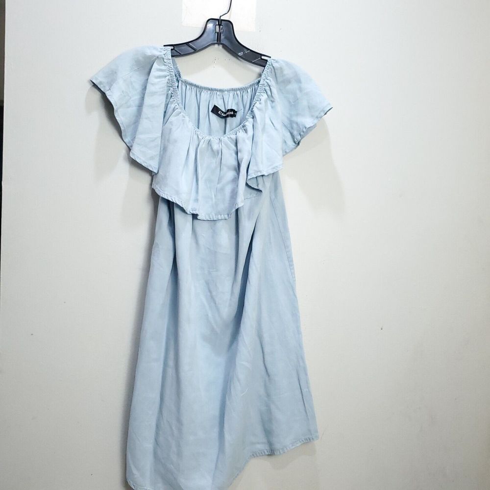 Clothink Women's Embroidered Off the Shoulder Chambray‎ Dress Size Small Blue